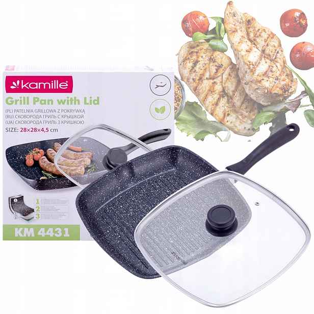 Marmorová Grilovací Pánev 28CM S Poklicí, Indukce Kamille