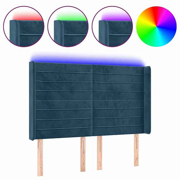 vidaXL Čelo postele s LED tmavě modré 147 x 16 x 118/128 cm samet
