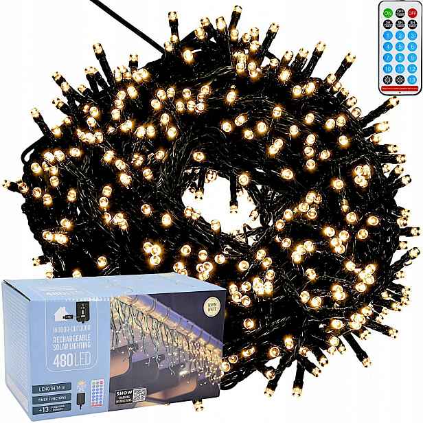 Solární světelný řetěz 15,6 m, teplá bílá, 480 Led, 13 funkcí, Usb, časovač a dálkové ovládání