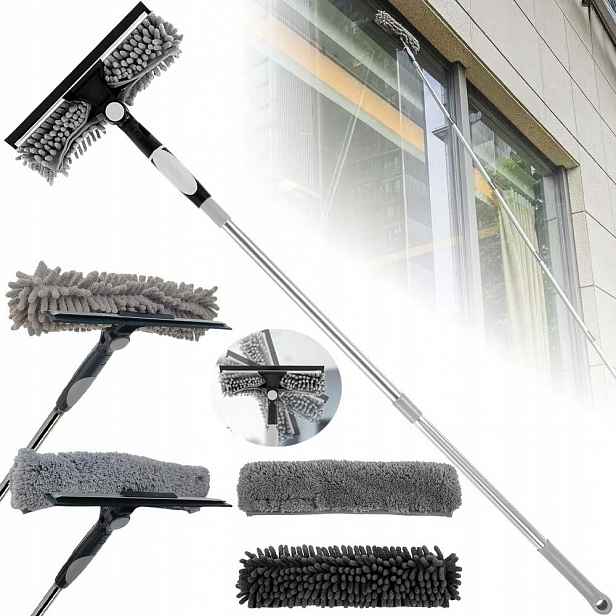 Teleskopická Myčka Oken Mop Stahovák Šmouh Na Sklo Dlouhá Mikrovlákno 2V1