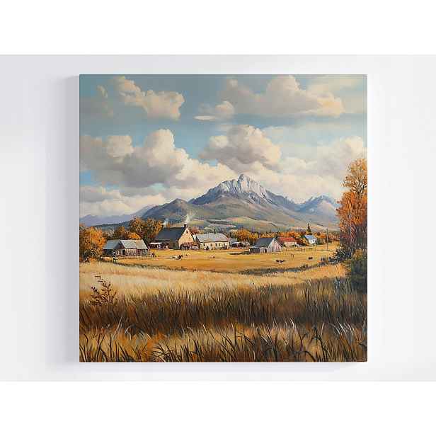 Obraz Na Plátně Canvas Krajina Rustikální Vesnice Domy Hory Pole Podzim 50x50