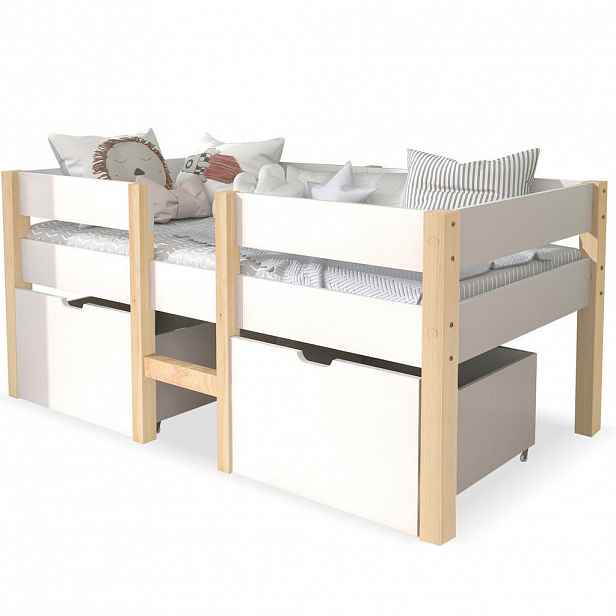 OKWISH POLOVYSOKÁ postel 90/200 cm bílá z borovice s úložnou zásuvkou a ochranou proti pádu