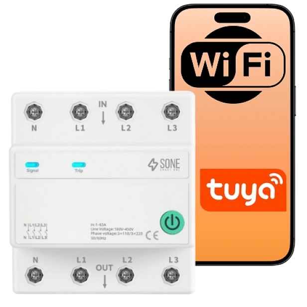 3fázový ovladač Tuya WiFi 3P+N 63A relé na Din lištu Smart Life