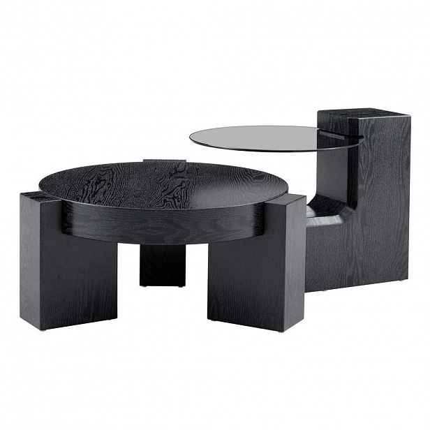 Modfu KONFERENČNÍ stolek z MDF a skla 61x61x30 cm černý s kouřově šedým sklem, 2v1 dvouúrovňový a rozložitelný