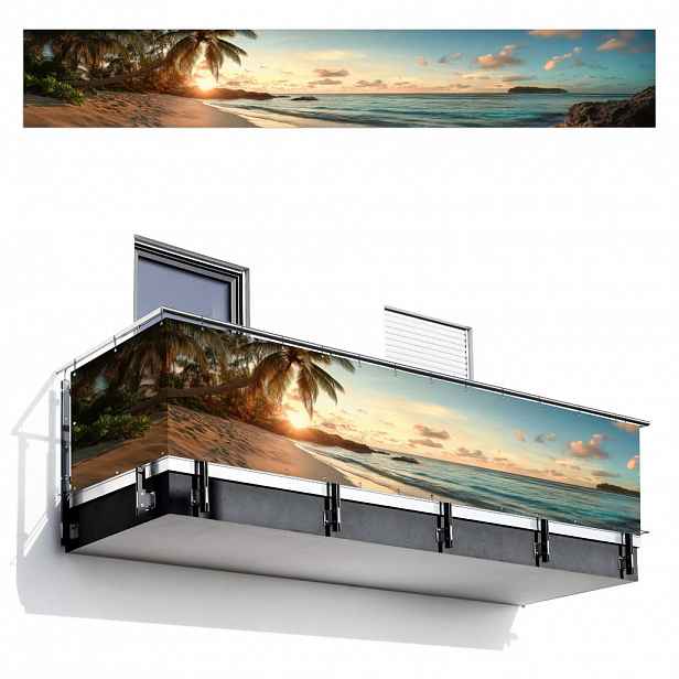 MuchoWow BALKONOVÁ ZÁSTĚNA Pláž - palmy - oceán - západ slunce 500x75 cm