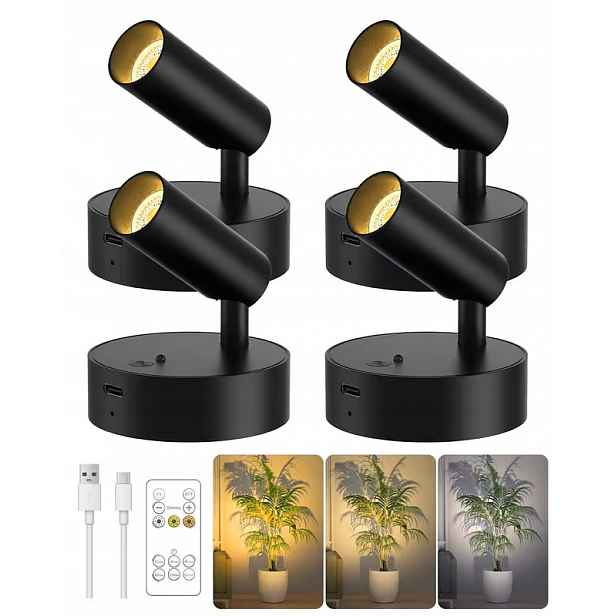 Nástěnná Led lampička na čtení magnetická černá, sada 4 kusů