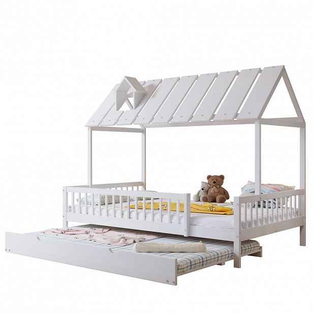 OKWISH DOMEČKOVÁ postel 120/200 cm bílá z borovice a MDF s výsuvným lůžkem a 3stranným zábradlím