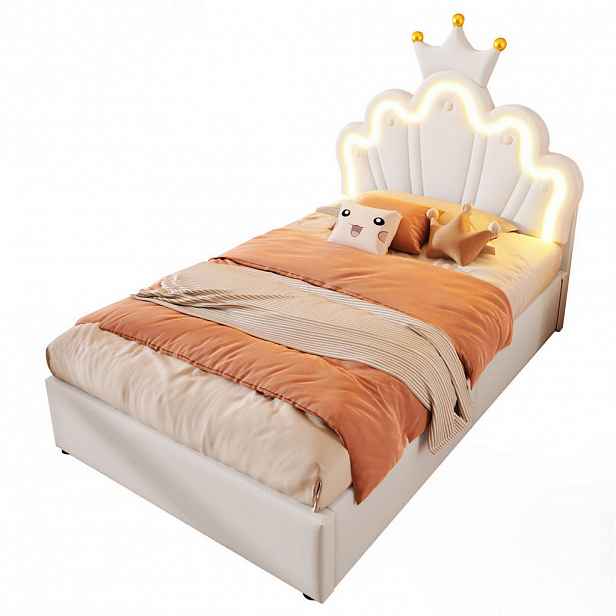 OKWISH ČALOUNĚNÁ postel 90/200 cm bílá z PU s LED osvětlením a hydraulickým úložným prostorem