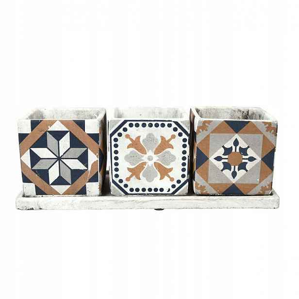 Květináče na podnosu, starožitný vintage portugalský design, sada 3 kusů