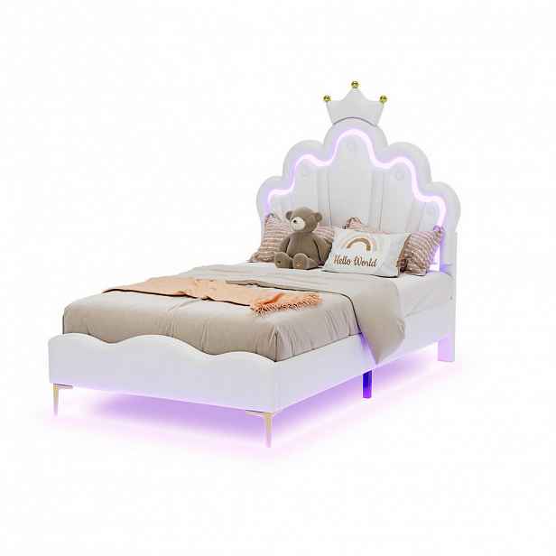 OKWISH POSTEL 90/200 cm bílá z PU kůže s LED osvětlením a nastavitelnou výškou