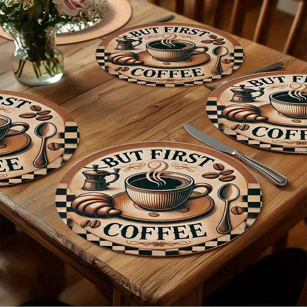 TEMU Sada 4 Vintage Podložek s Kávovou Tématikou - "Nejprve Kafe" Reliéfní (Nevyšívaný) Design, Odolný Plast a Umělá Koženka Pratelný Povrch, 38x38cm
