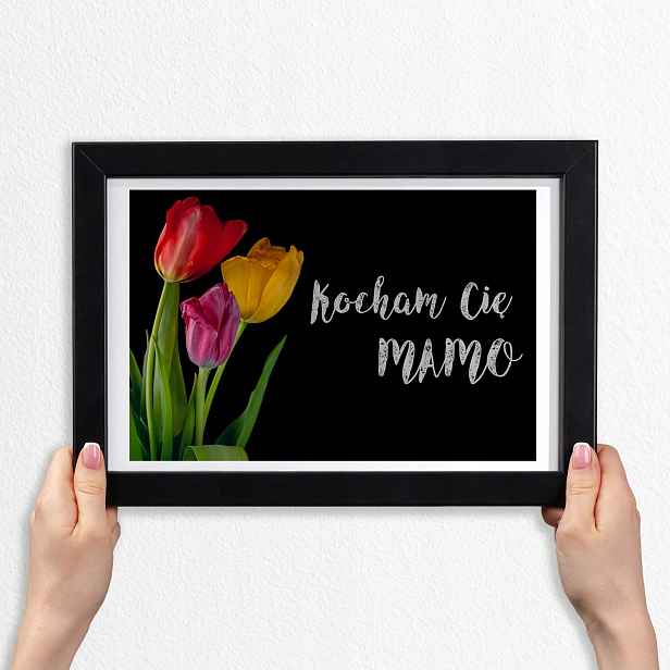 Den matek Dárek Krásný rámeček Mdf s grafikou Tulipány černé pozadí 30x20 cm