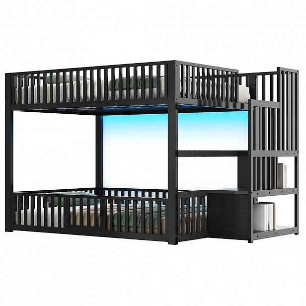 KOMHTOM PATROVÁ POSTEL 140x200 cm s úložným žebříkem a LED osvětlením, černá