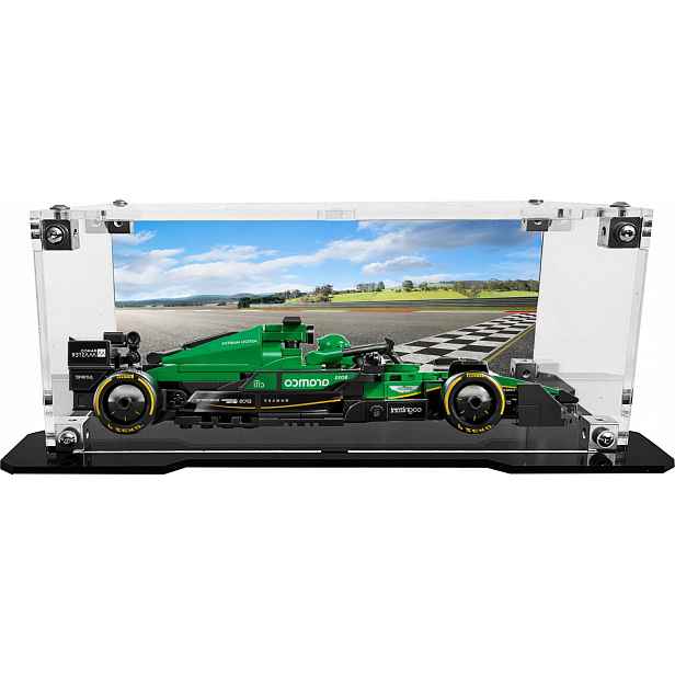 Vitrína s černou základnou a pozadím pro sadu Lego 77245 Formule Aston Martin