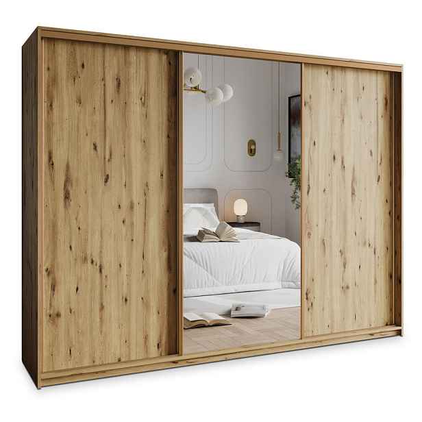 MASSENO ŠATNÍ SKŘÍŇ S POSUVNÝMI DVEŘMI TAVI, 250/205/60 cm 3dveřová se zrcadlem a zásuvkami, dub Artisan