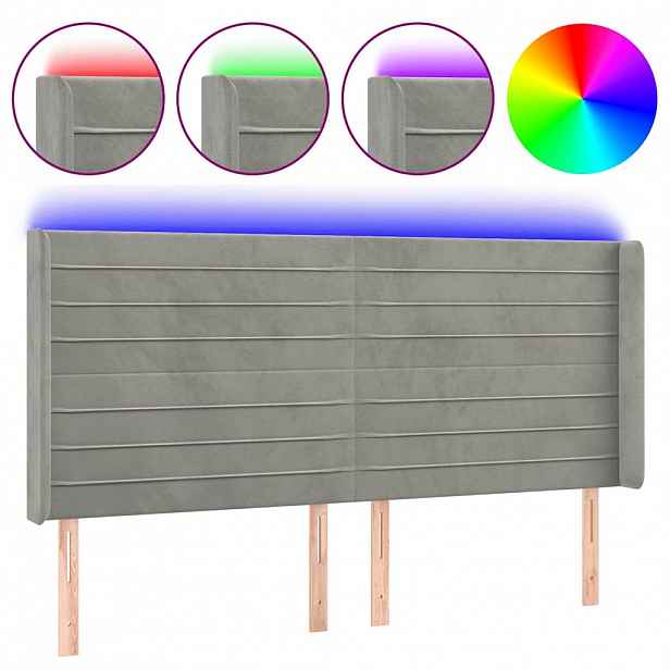 vidaXL Čelo postele s LED světle šedé 183 x 16 x 118/128 cm samet