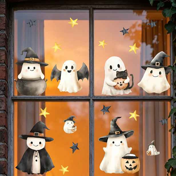 TEMU Halloweenské samolepky na okna, samolepky na sklo s dýní, netopýrem a hvězdou, samolepicí dekorace na okna, samolepky na domácí stěny,