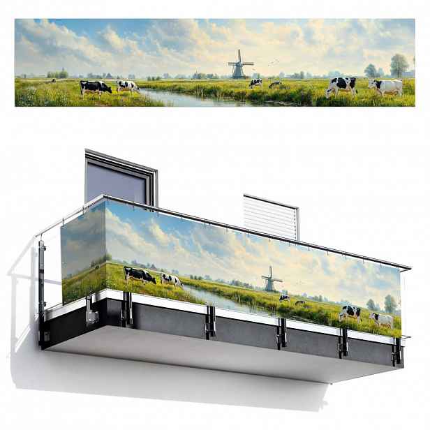 MuchoWow BALKONOVÁ ZÁSTĚNA Krávy - větrný mlýn - louka - modrá 500x110 cm
