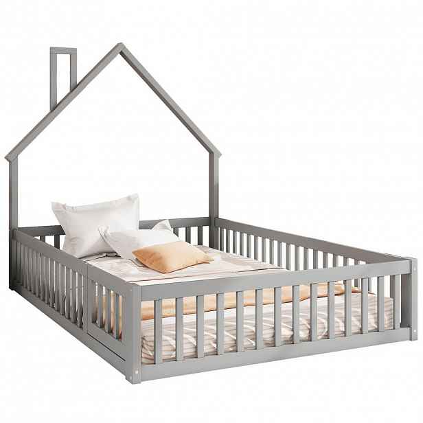 OKWISH DĚTSKÁ postel 140/200 cm šedá z borovice a MDF s bezpečnostním zábradlím a roztomilým komínem