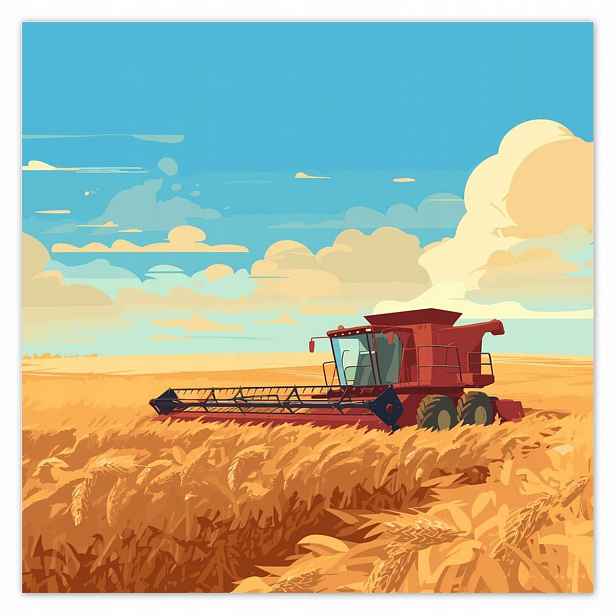 Plakáty 140x140 Červený kombajn v poli na sklizni