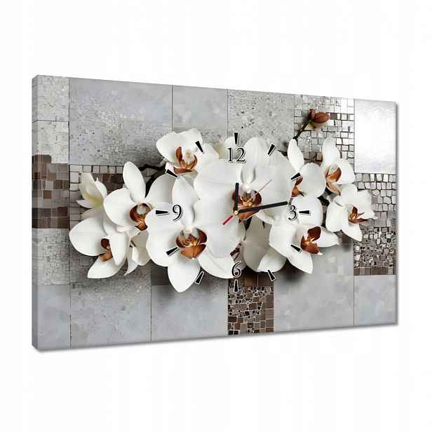 Hodiny 60x40 Bílé orchideje a mozaika