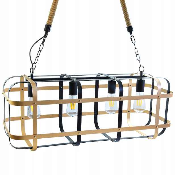 Závěsná lampa černá zlatá klec jutová šňůra retro na řetězu 4 body Polux