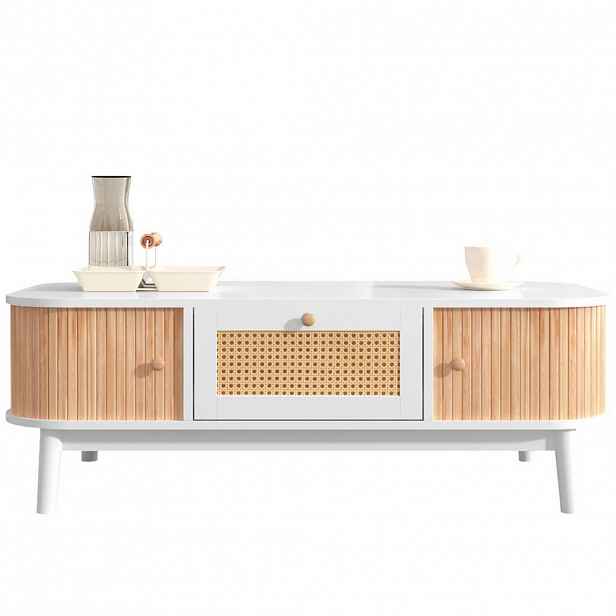 Modfu KONFERENČNÍ stolek z MDF 110x55x38,5 cm bílá a barva dřeva se zásuvkami a dvířky v přírodním stylu