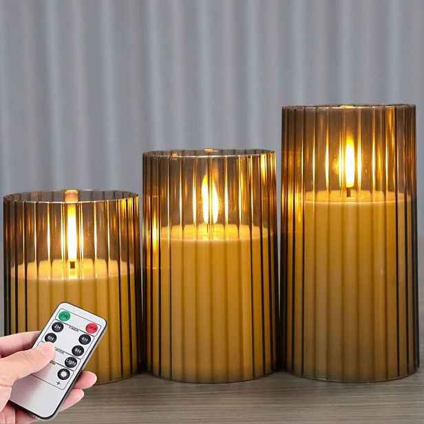 TEMU 3ks Žebrované LED Bezplamenné Svíčky na Baterie s Dálkovým Ovládáním, Teplé Blikající Svíčky s Časovačem, Elektrické Svíčky na Svatbu, Vánoční