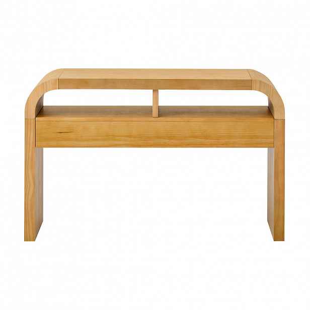 Modfu KONZOLOVÝ stolek z MDF 120x35,5x76,5 cm přírodní se 2 zásuvkami, otevřenými policemi a nastavitelnými nožkami
