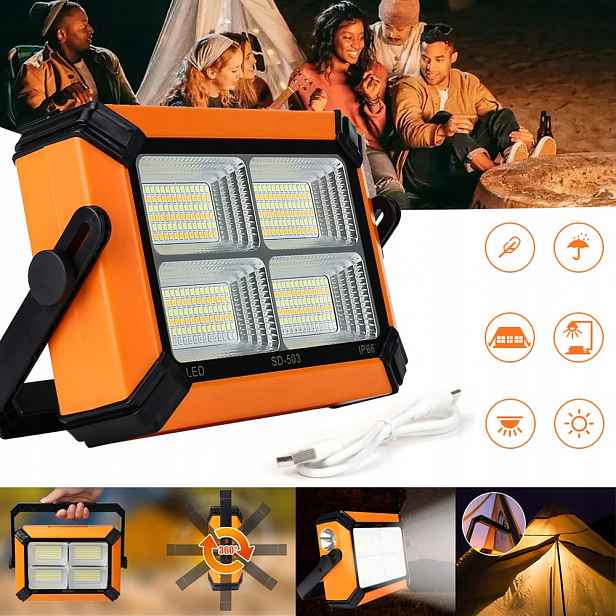 Solární Přenosný Akumulátorový Halogen 120 W, Výkonná A Výkonná Baterie