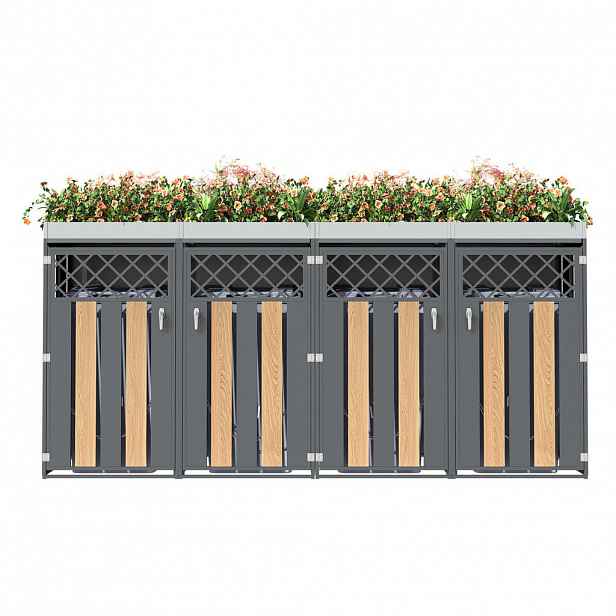 Modfu BOX na popelnice z pozinkované oceli 264x80x124 cm šedá/dekor dřeva se 4 uzamykatelnými dvířky, větráním a integrovaným truhlíkem