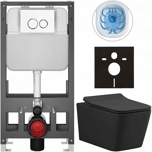 Kompletní WC set Basic/Forte - černá matná - WC tlačítko Dualo/Bílá - volně stojící - předstěnová instalace - 51x36 cm