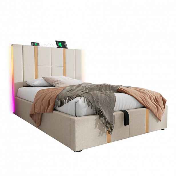 WISHDOR ČALOUNĚNÁ postel 90 × 200 cm v béžové barvě z lnu s úložným prostorem, LED osvětlením, USB a Type-C