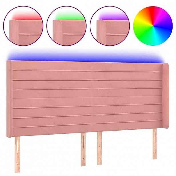 vidaXL Čelo postele s LED růžové 203 x 16 x 118/128 cm samet