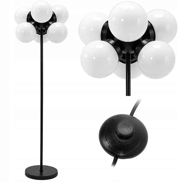 Stojací Lampa Podlahová Černá Vysoká Do Obývacího Pokoje Skleněná Bílá Stínidla 6xE27