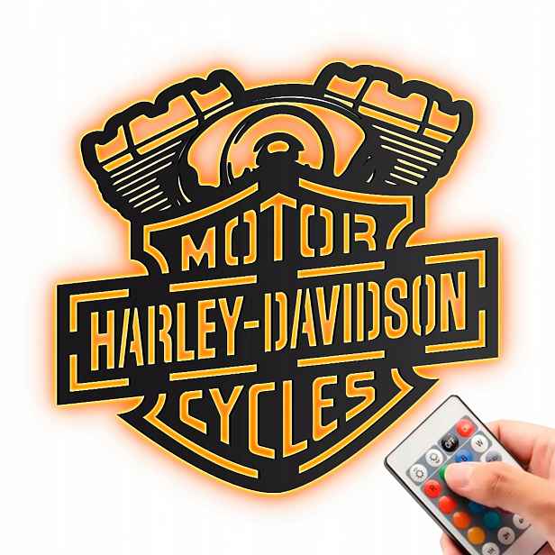 Harley Davidson logo Dřevěný obraz XL Noční Lampa Led Dárek Rgb dálkové ovládání