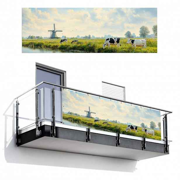 MuchoWow BALKONOVÁ ZÁSTĚNA Krávy - větrný mlýn - louka - modrá 300x100 cm