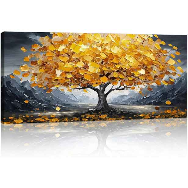 Obraz na plátně 50 × 120 cm zlatý strom na pozadí hor, dřevěný rám
