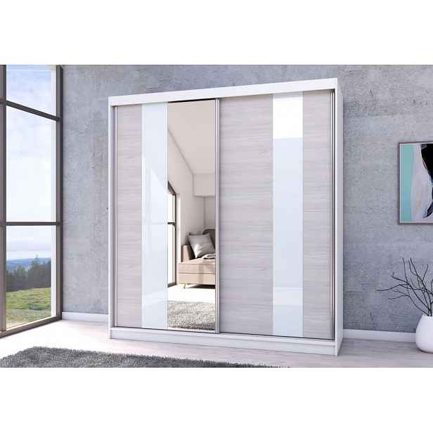 Šatní skřín Malta 32, bílá/zrcadlo/dub kathult 203cm