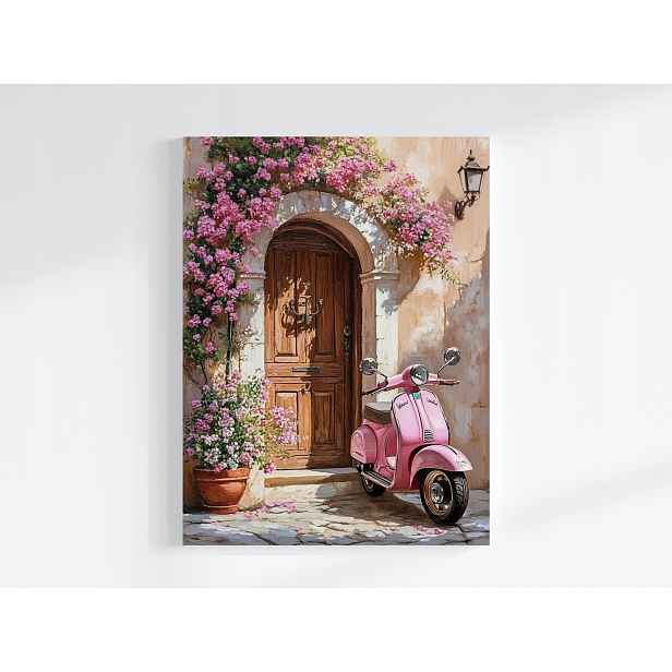 Obraz Na Plátně Canvas Dům Dveře Vchod Růžový Skútr Květiny Léto 60x80