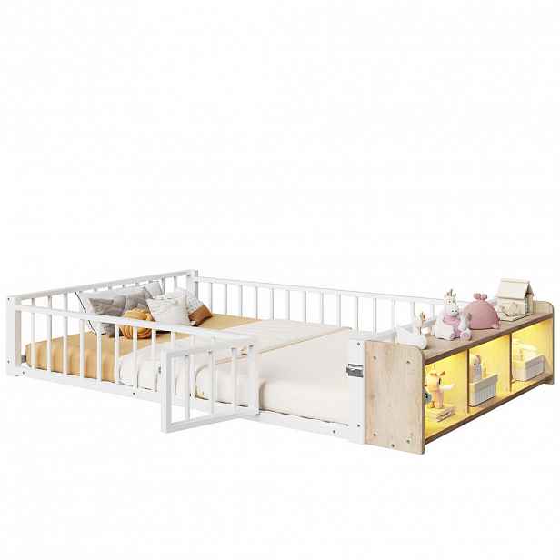OKWISH POSTEL s úložným prostorem 140/200 cm bílá z MDF a kovu se zábranou a LED osvětlením
