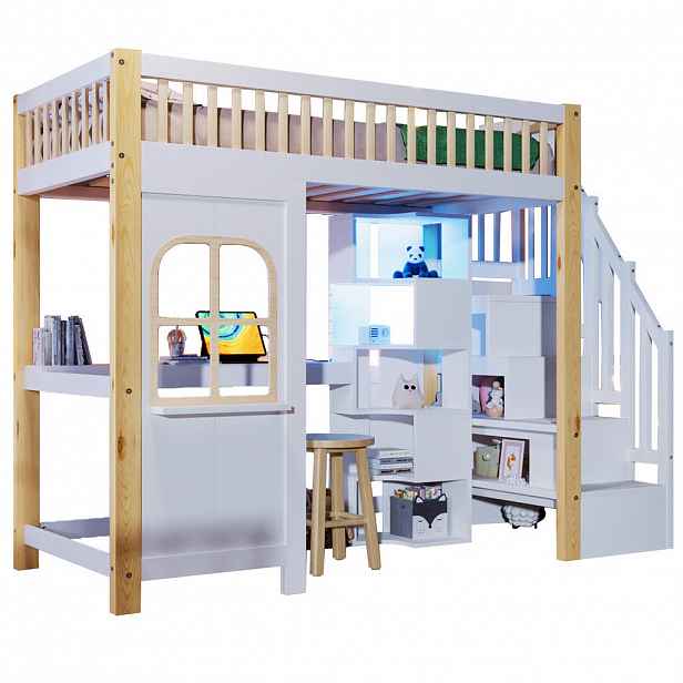 STILVORA HOCHBETT 90/200 cm in Weiß & Natur mit LED, Ablageleiter und Schreibtisch