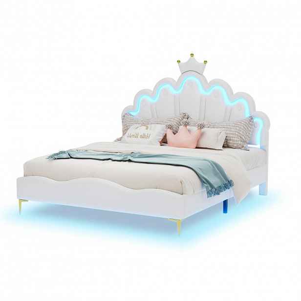 OKWISH MANŽELSKÁ postel 140/200 cm bílá z PU kůže s LED osvětlením a nastavitelnou výškou