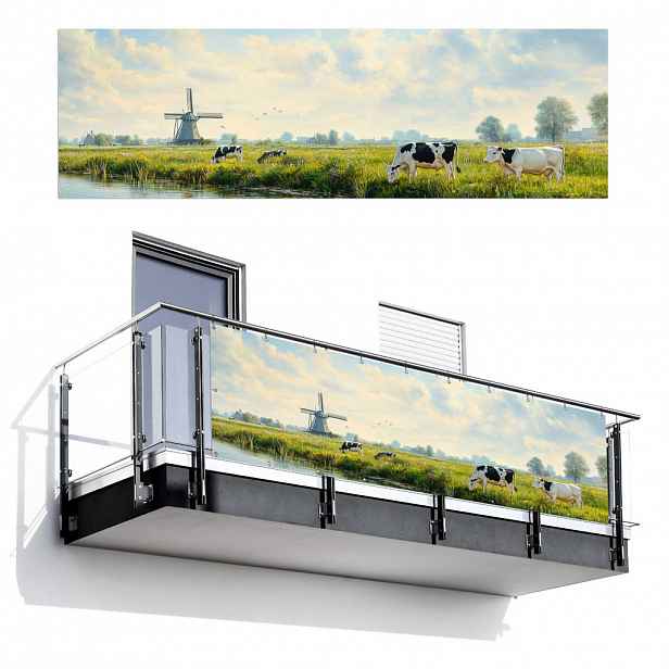 MuchoWow BALKONOVÁ ZÁSTĚNA Krávy - větrný mlýn - louka - modrá 300x95 cm