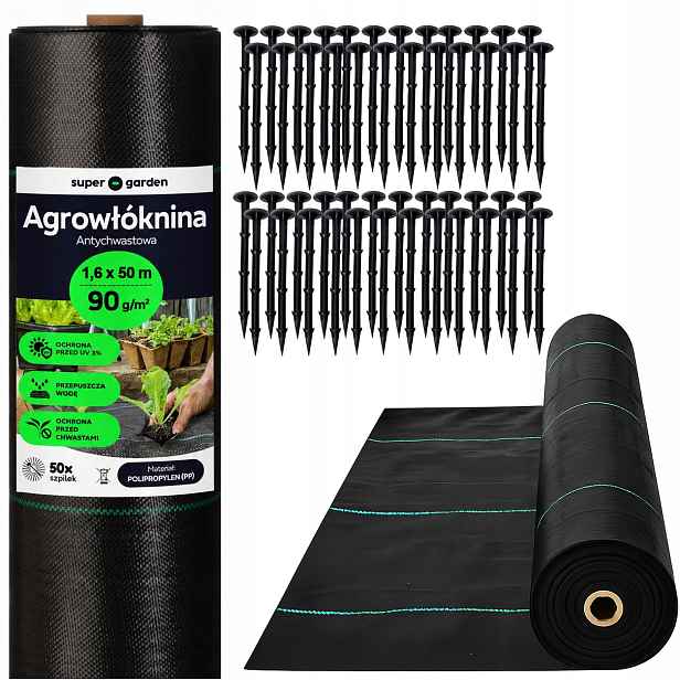 Agrotextilie Zahradní 1.6x50m 90g/m² Podložka Na Plevel Silná Kolíky 50 ks