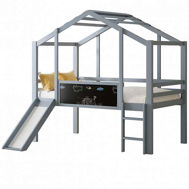 STILVORA HOCHBETT 90/200 cm in Grau mit Rutsche, Leiter und Tafel im Hausdesign