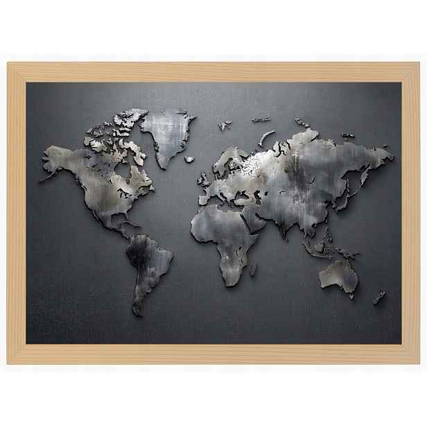 Plakát Rámeček Dřevo Mapa Světa Kovová Šedá Industrial Loft 80x60