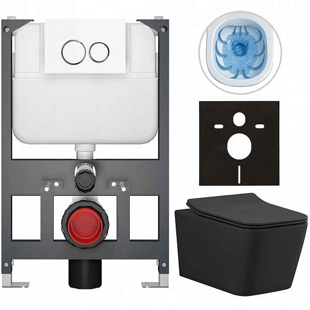 Kompletní WC set Basic/Forte - černá matná - WC tlačítko Dualo/Bílá - závěsné - nízký modul - předstěnová instalace - 51x36 cm