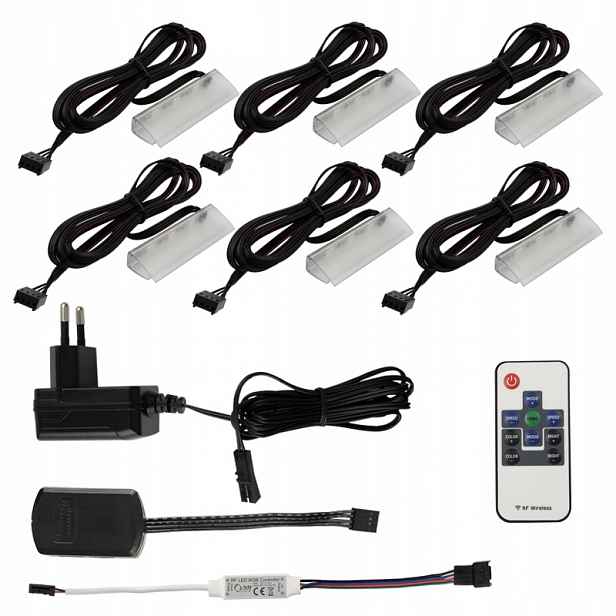 Sada 6x Rgb Led klip pro skleněné Polic s napájecím adaptérem komplet