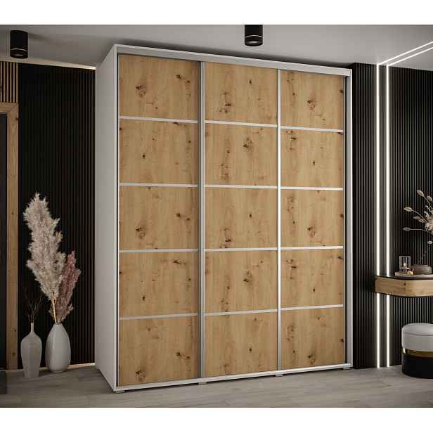 Šatní skříň ASIRI 4 - 200/60 cm, bílá / dub artisan / stříbrná